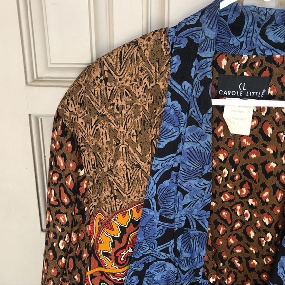 Vintage Boho Carol Little Jacket Multi-Print SzL Shoulder Pads Tie Front Crepe - Picture 7 of 8